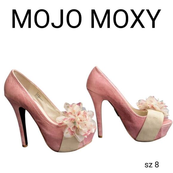 Mojo Moxy Shoes - Pink Leather Platform High Heels Floral Detail Sexy Pumps Shoes Mojo Moxy Brand
